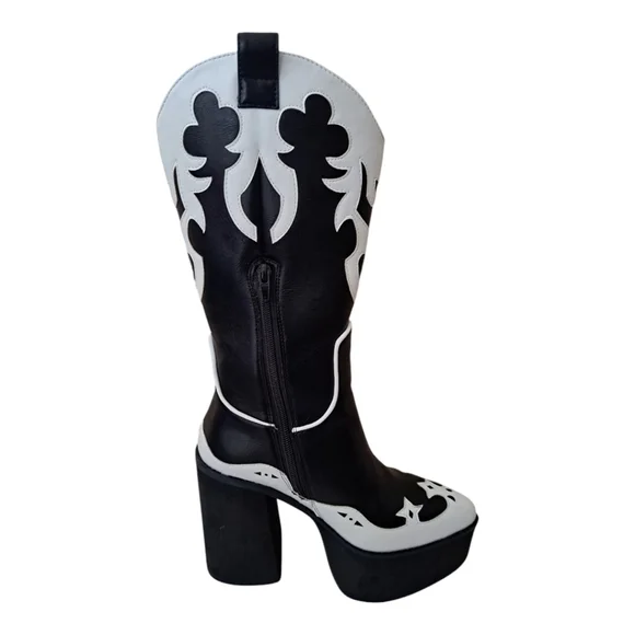 Current Mood stylish black and white Women's Platform heeled cowboy Boots - Picture 6 of 13